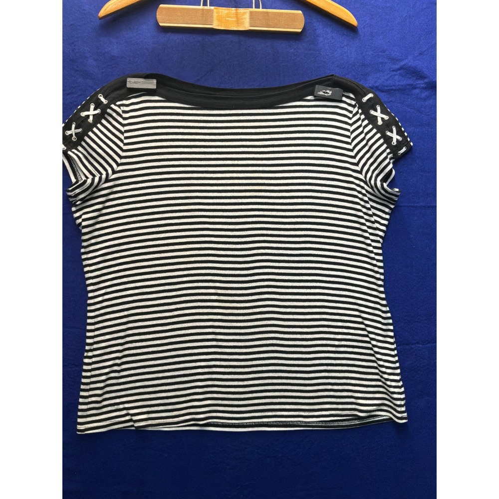 Nautical Womens Northcrest Boat Neck Top XL Black White Striped Lace Up Shoulder